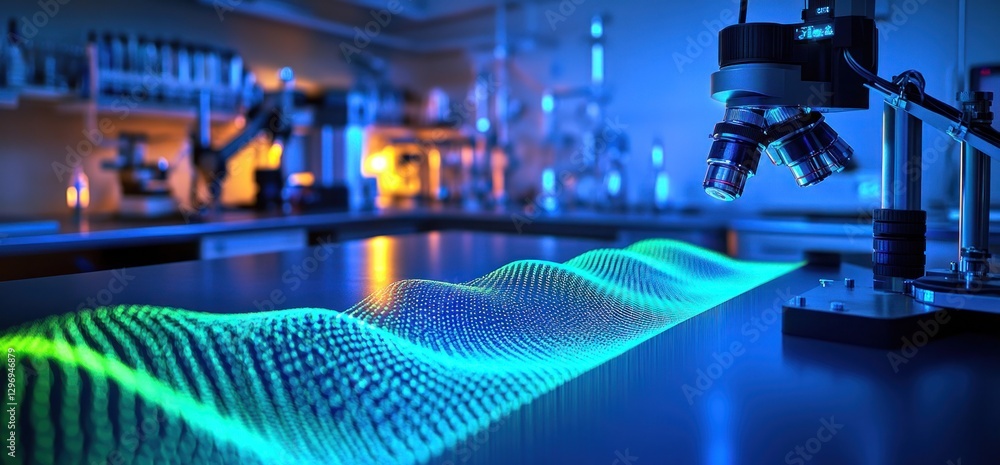 Poster lab research data wave on table, microscope, background