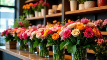 Fototapeta premium arrangements and bouquets of fresh flowers, pink roses, flower shop interior, a pleasant gift