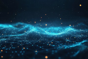 Abstract Digital Landscape With Glowing Blue Particles And Orange Sparks of Light.Network