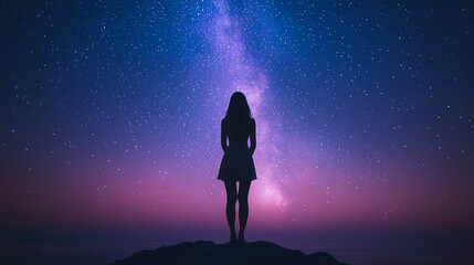 Fototapeta premium On the summit, a silhouette of a dreamer gazes upward into the vast heavens, filled with countless stars, bathed in the cosmic dance of vibrant hues, symbolizing wonder, infinity, and exploration.