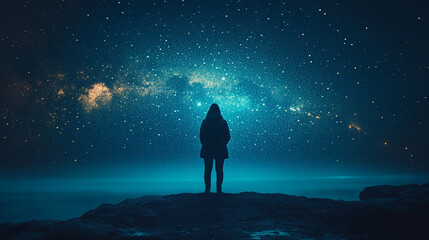 Obraz premium On the summit, a silhouette of a dreamer gazes upward into the vast heavens, filled with countless stars, bathed in the cosmic dance of vibrant hues, symbolizing wonder, infinity, and exploration.