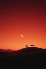 Camels cross desert at sunset with moon. Travel, adventure, and serene concept