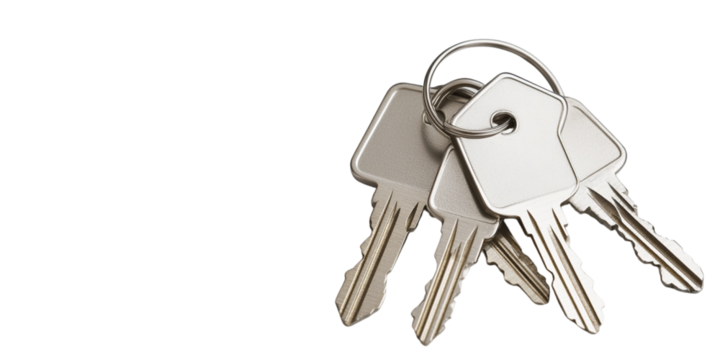 Photograph of silver keys with a house-shaped keychain, against a transparent background
