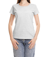 Obraz premium Woman wearing blank t-shirt on white background, closeup. Mockup for design
