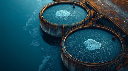 An aerial view of a modern wastewater treatment facility, highlighting circular tanks, intricate piping systems, and efficient infrastructure against a backdrop of a clear, blue sky.