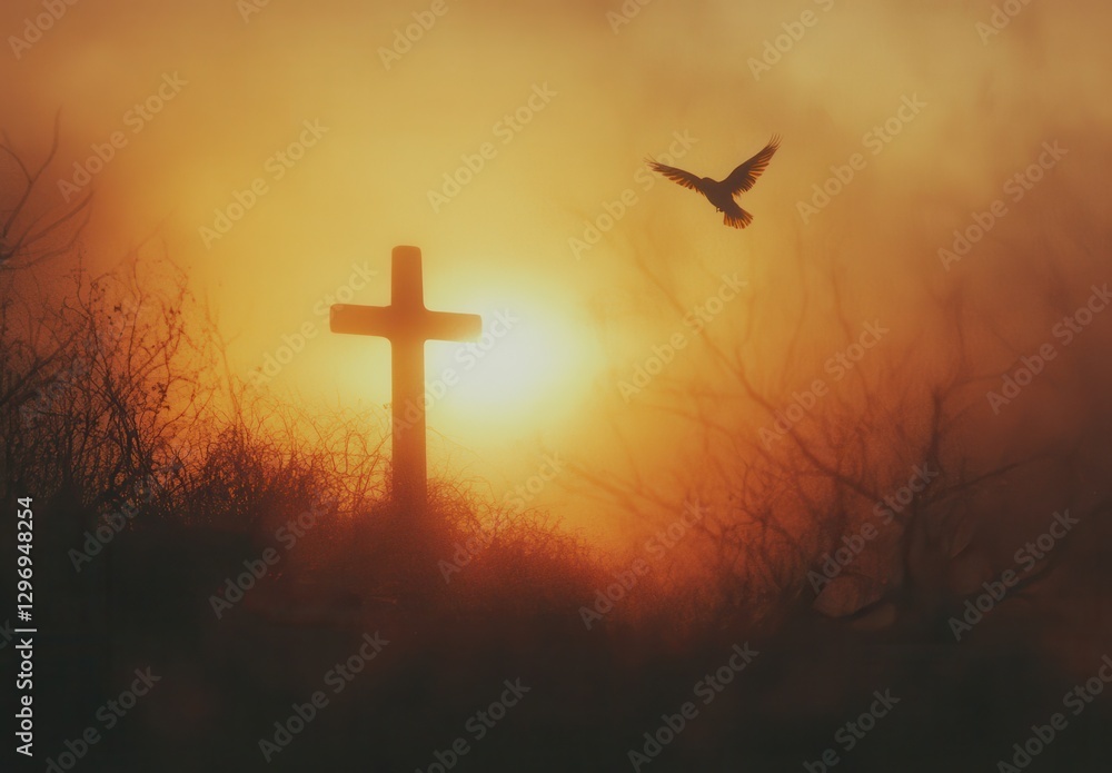 Poster silhouette of a cross against a fiery sunset with a bird in flight amidst soft hazy clouds and wild 