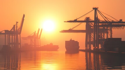 Fototapeta premium Golden Hour at the Port: Container Ships and Cranes at Sunset