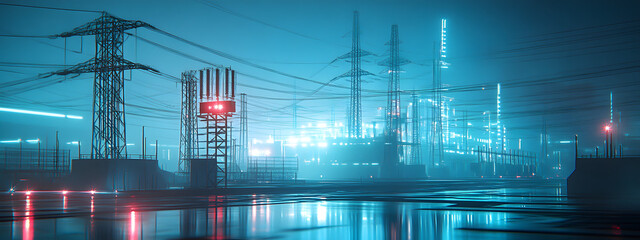 The power grid, including substations and transformers, neatly arranged on a blue digital background
