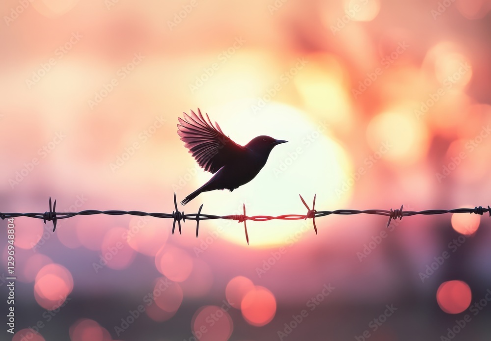 Poster silhouette of bird in flight over barbed wire with colorful sunset background and bokeh effect creat