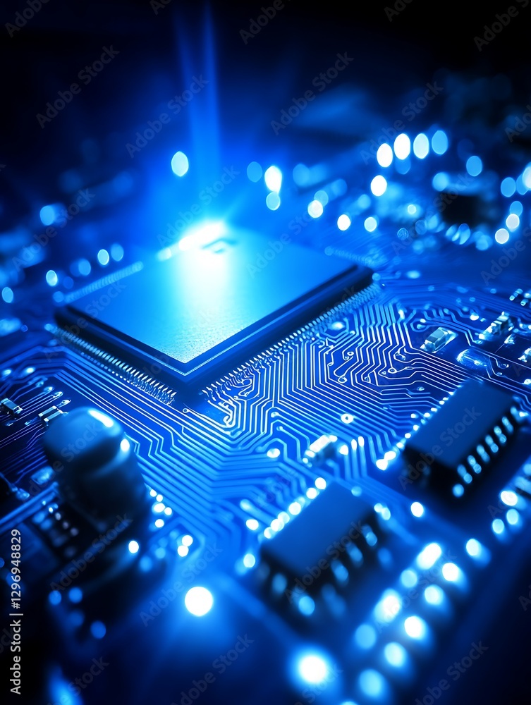 Poster futuristic blue glowing circuit board with processor and components