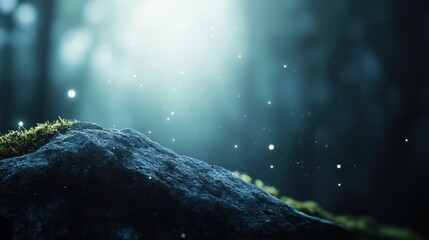 Obraz premium Mystical scene with a mossy rock and floating lights in a dreamlike forest setting, serene vibe