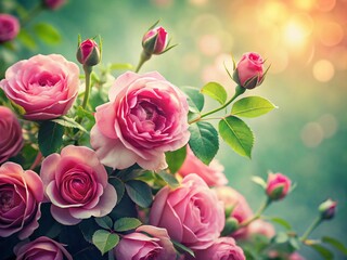 Vintage Pink Roses Bouquet, Soft Gradient Background, Floral Still Life Photography