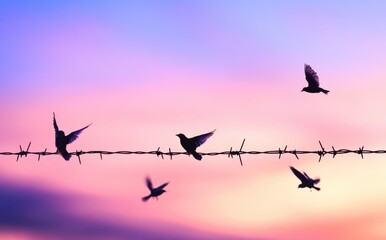 Fototapeta premium Silhouetted Birds Dancing Against a Colorful Sunset Sky with Barbed Wire in the Foreground Capturing the Beauty of Nature and Freedom