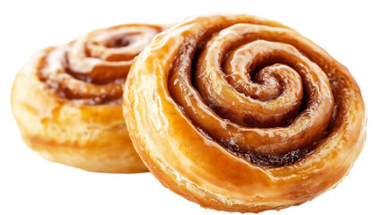 Cinnamon rolls with golden brown crust, swirled shape with sugar glaze, delicious pastry, isolated on white background, PNG format, top view