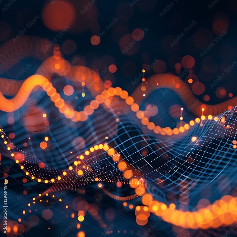 Poster abstract orange waves and grid. data visualization, network connection, technology background.