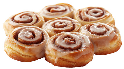 Cinnamon rolls with golden brown crust, swirled shape with sugar glaze, delicious pastry, isolated on white background, PNG format, top view