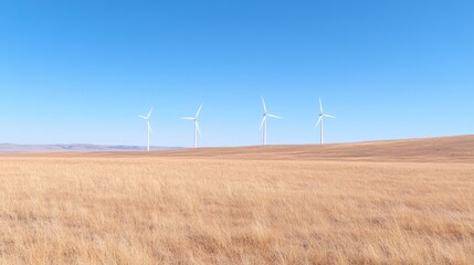 Wind turbines on a dry field, clear sky. Renewable energy landscape image