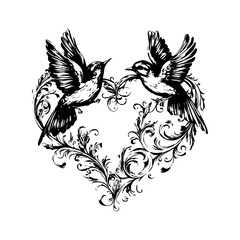Obraz premium Love Bird Vector Illustration, Heart Shaped Bird Logo, Nature-Inspired Ornament, Romantic Bird Design, Floral Bird Clipart, Wedding Symbol, Elegant Love Icon