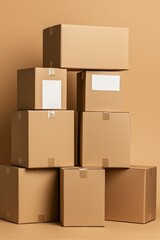Stack of boxes in a depot, for a delivery service, against a plain background