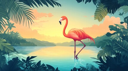 Flamingos in a Tropical Paradise Sunset
