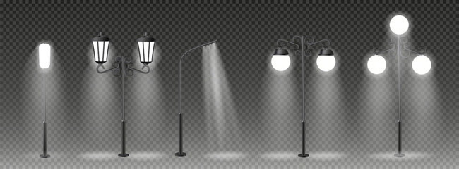 3d vector Modern and vintage city street lights row working at night. Urban electrical lightning system. Glowing retro lampposts