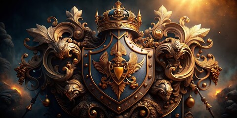 Vintage Royal Family Crest: Surreal Heraldic Shield Emblem Stock Photo