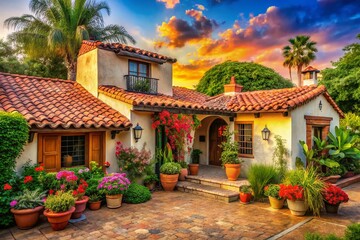 Obraz premium Vintage San Diego Suburban Home: Lush Garden, Spanish Colonial Architecture, Terracotta Roof