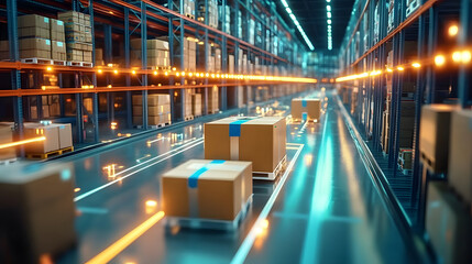 Smart warehouse management system identify package picking and delivery . Future concept of supply chain and logistic business