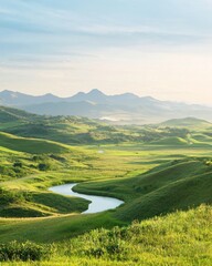 Fototapeta premium Serene river flowing through rolling hills scenic landscape nature tranquil environment aerial view