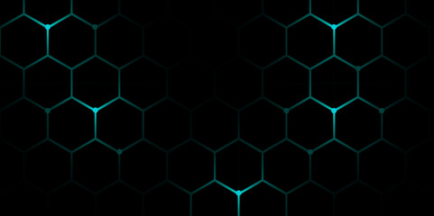 Fototapeta premium Dark Background with Glowing Hexagonal Network. Digital Abstract Hex Grid with Bright Light Nodes. Hexagon. Illustration. Vector. 