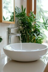 Fototapeta premium Modern bathroom sink fills with flowing water, green plants blur background
