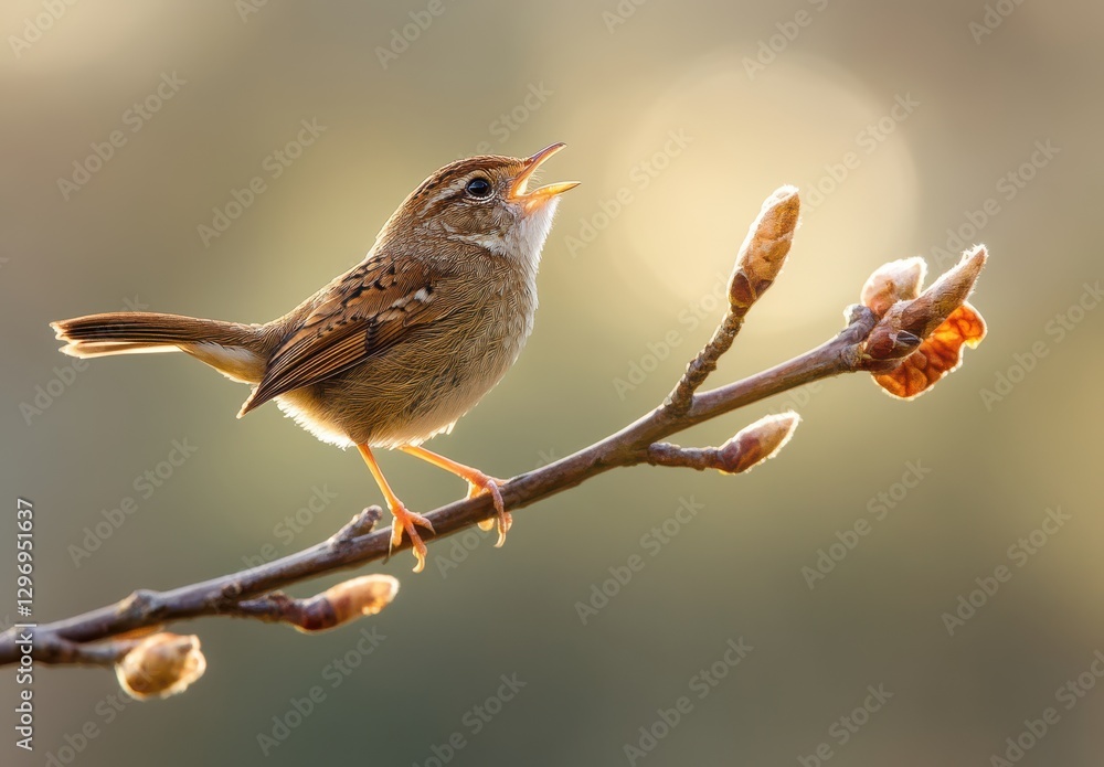 Poster small brown bird singing on a branch during spring with soft blurred background and delicate buds cr