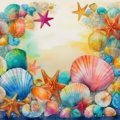 border frame of seashells and starfish modern wallpaper background pattern copy space
