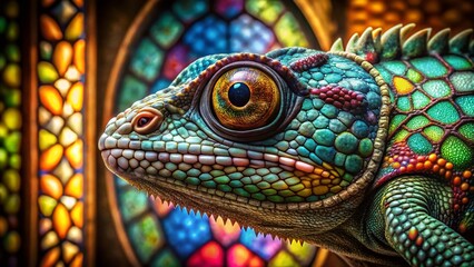 Obraz premium Vintage Stained Glass Chameleon: Mystical Reptile Art