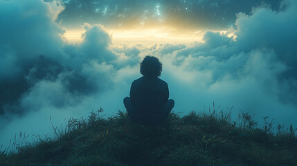 Obraz premium On the summit, a silhouette of a dreamer gazes upward into the vast heavens, filled with countless stars, bathed in the cosmic dance of vibrant hues, symbolizing wonder, infinity, and exploration.