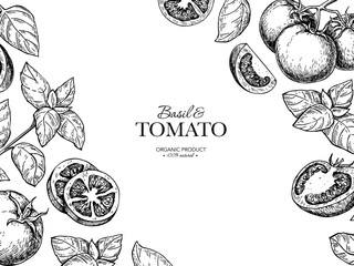 Tomato and basil leaves label drawing. Whole, sliced tomatoes, basil branch frame sketch Package design template, banner