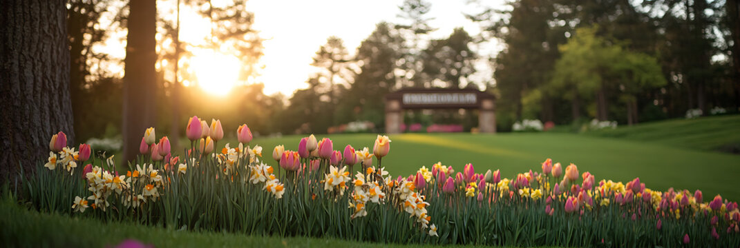 Sunset over a field of tulips and daffodils. Landscape with a wooden gate in the background. Peaceful spring scene.