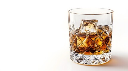 glass of whiskey on the right side of white background 