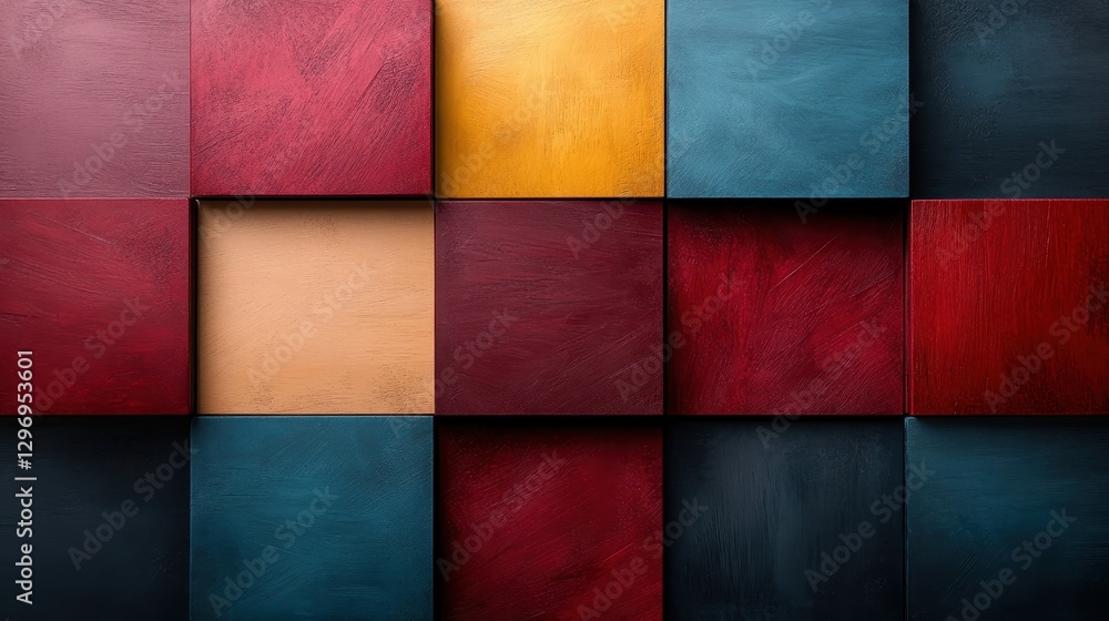 Poster a composition of colorful abstract rectangular panels that present a harmonious interplay of texture