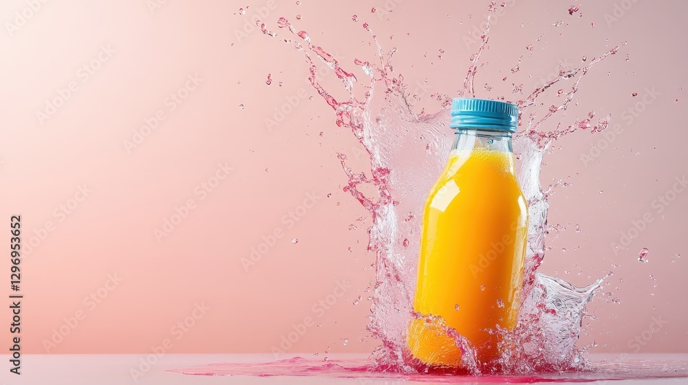 Poster a captivating image capturing a bottle filled with orange juice surrounded by a dynamic splash, embo
