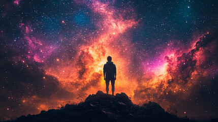 Fototapeta premium On the summit, a silhouette of a dreamer gazes upward into the vast heavens, filled with countless stars, bathed in the cosmic dance of vibrant hues, symbolizing wonder, infinity, and exploration.