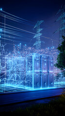 The power grid, including substations and transformers, neatly arranged on a blue digital background
