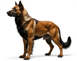 A full-body cut out image of a Belgian Malinois dog standing on a white background. The dog is facing to the left and has a proud, alert expression.