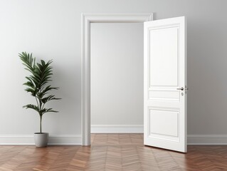 Fototapeta premium Interior Room Setting Featuring an Open Doorway and Decorative Plant in Minimalist Style