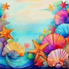 border frame of seashells and starfish modern wallpaper background pattern copy space

