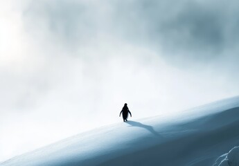 Solo Penguin Walking on a Snowy Landscape Under Mysterious Sky with Soft Clouds, Representing Solitude and Natural Beauty in Cold Environment