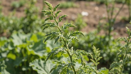 Fototapeta premium Fresh asparagus plant standing tall in a vibrant garden showcasing lush green fern like leaves under the warmth of the sun