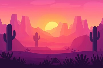 Fototapeta premium Vibrant desert with cacti and sun at sunset, perfect for celebrating world tourism day. Concept highlights stunning desert with cacti and sun, showcasing natural beauty