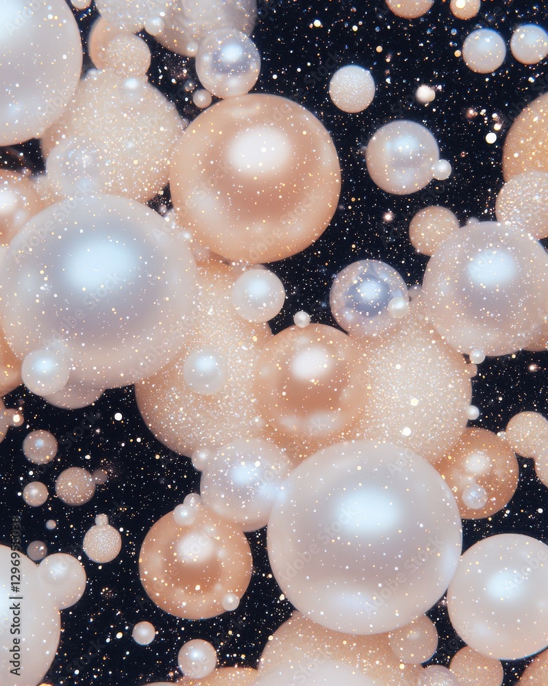 Poster bubbles and pearls floating in space abstract art digital illustration dark background close-up view