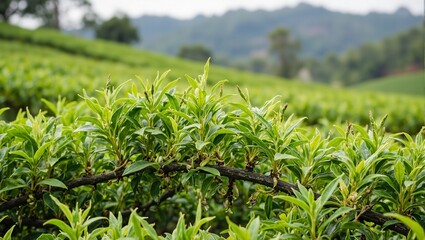 Obraz premium Vibrant green tea plant with glossy leaves and small buds in a serene tea plantation setting Ideal for nature and agriculture concepts
